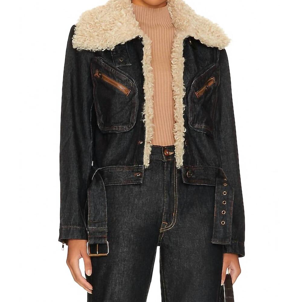 Steve Madden Black Denim Jean Jacket with Cream Shearling Collar